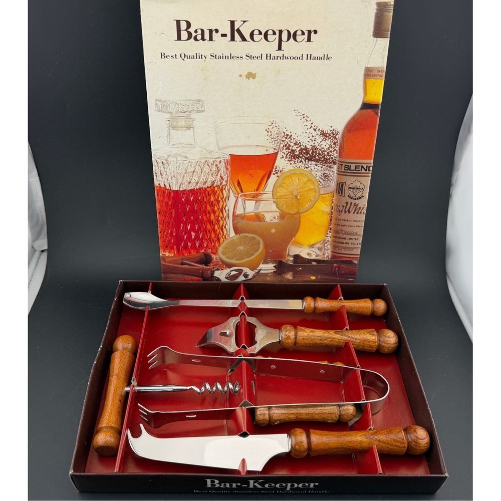 Vintage Bar-Keeper: 5 Piece Stainless Steel Bar Tool Set w/Hardwood Handles, NIB